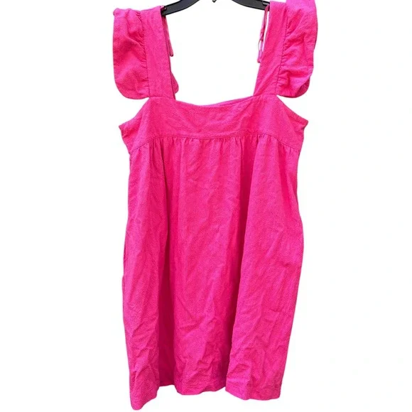 Pomander Place Women's Medium Mini Dress Hot Pink Ruffle Strap Linen Blend